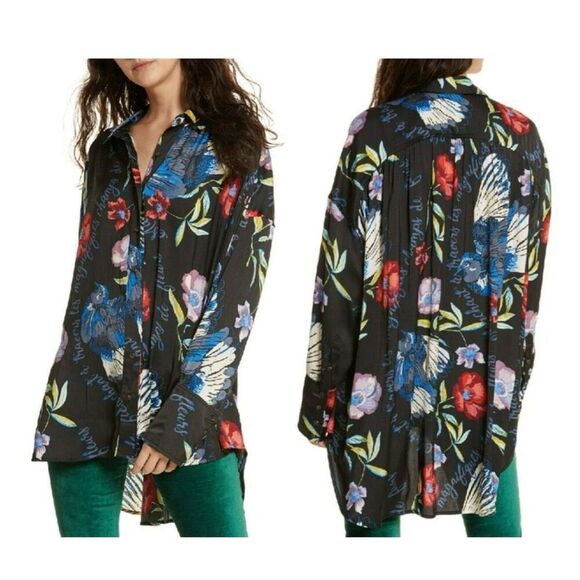 Free People black floral bird print long sleeve button front top SP - Picture 10 of 10